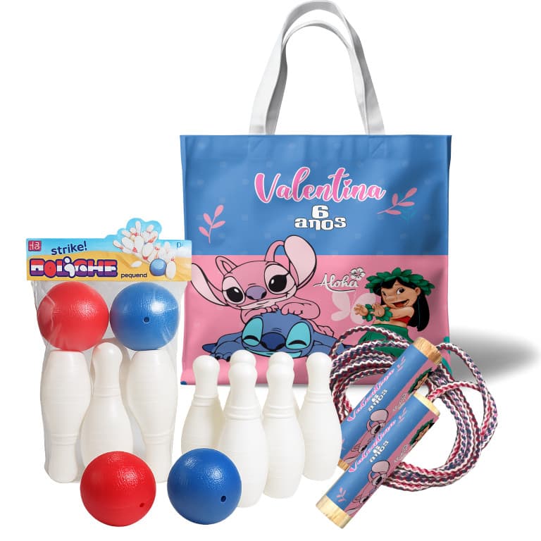 7/10/15/20/25 Kit lembrancinha Pula Corda Mini Boliche Infantil com Sacola - Lilo Stitch Angel