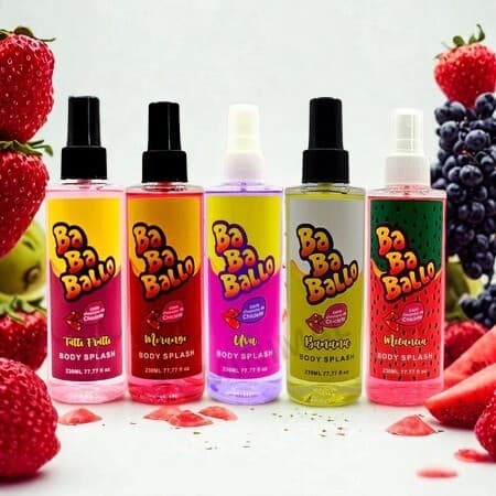 Kit 5 Body Splash Unissex Cheirinho de Chiclete Morango - Melancia - Tutti-Frutti - Banana - Uva