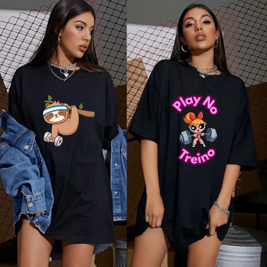 Kit Com 2 Camisetas Feminina Oversized 100% Algodão Blusao Larga Academia Treino Crossfit GYM