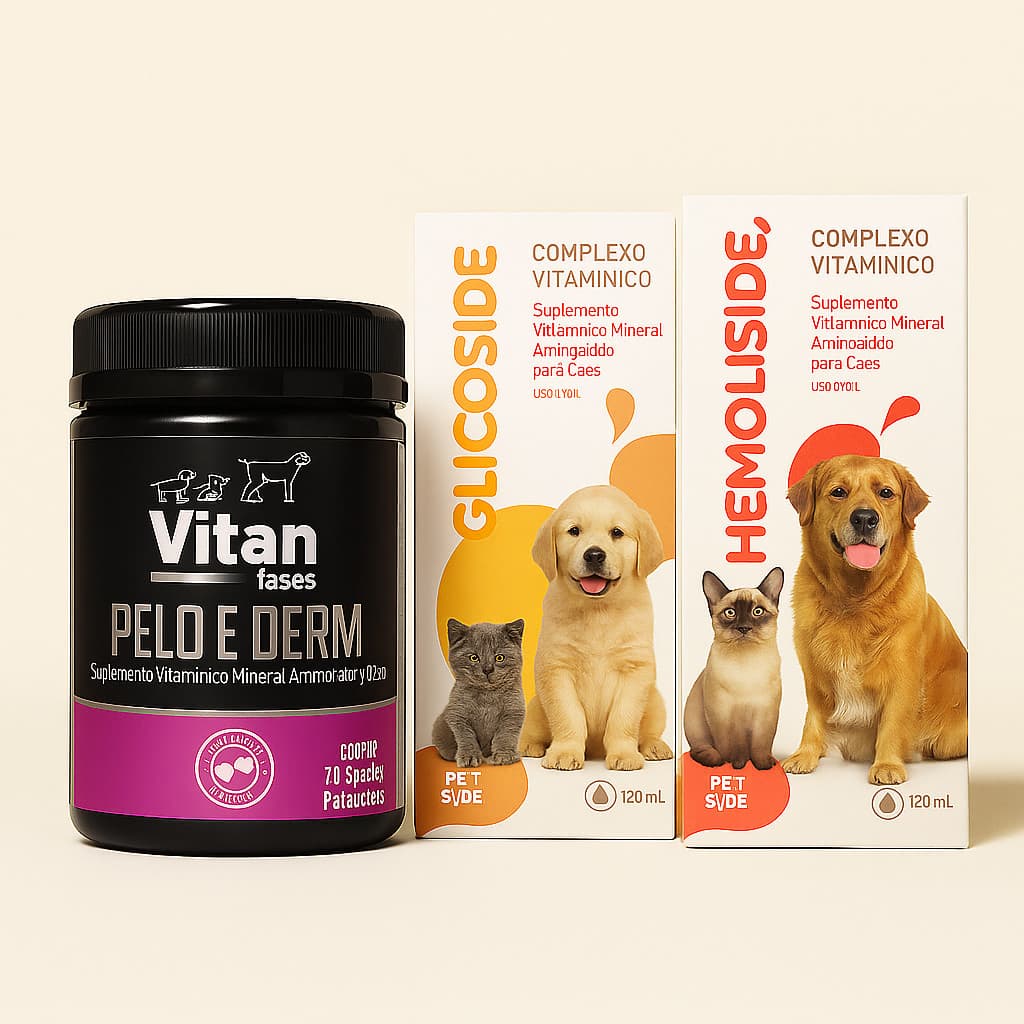 Kit Vitaminas Para Cães Vitan Pelo e Derm + Hemoliside + Glicoside | Energia e Imunidade