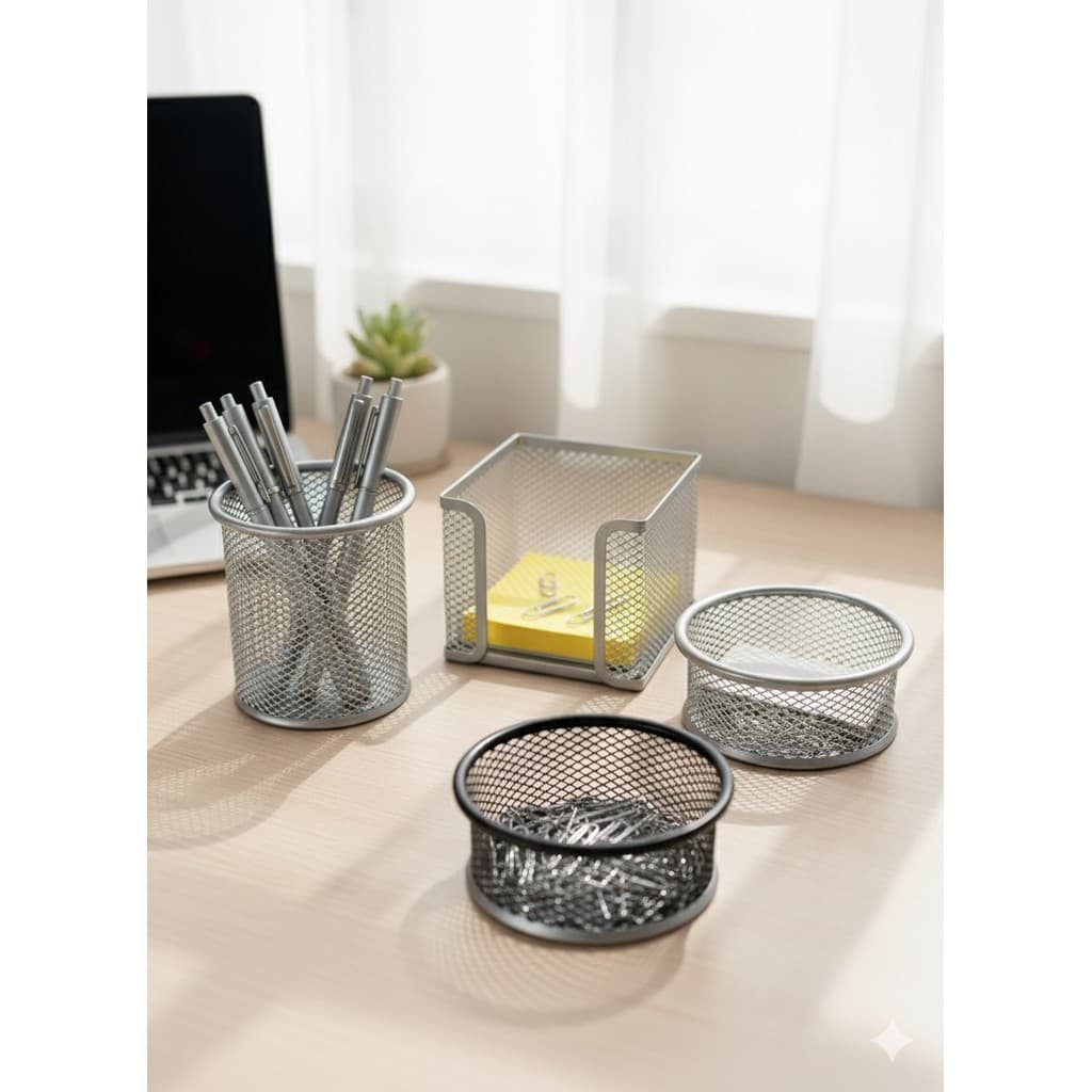 Kit Organizador De Mesa Office Metal Aramado 3 Peças – Canetas, Clips, Post-it