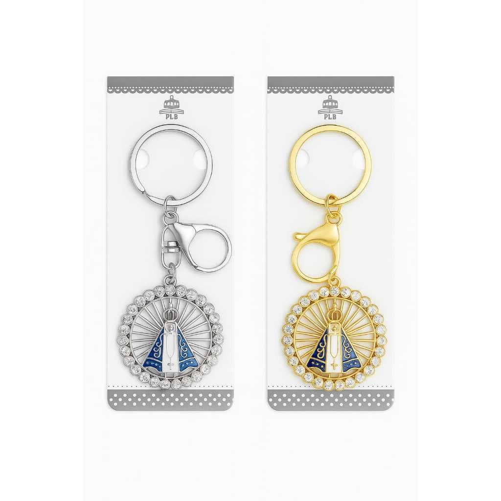 Chaveiro kit 1 e 2 Nossa Senhora Aparecida Terço com Strass Dourado