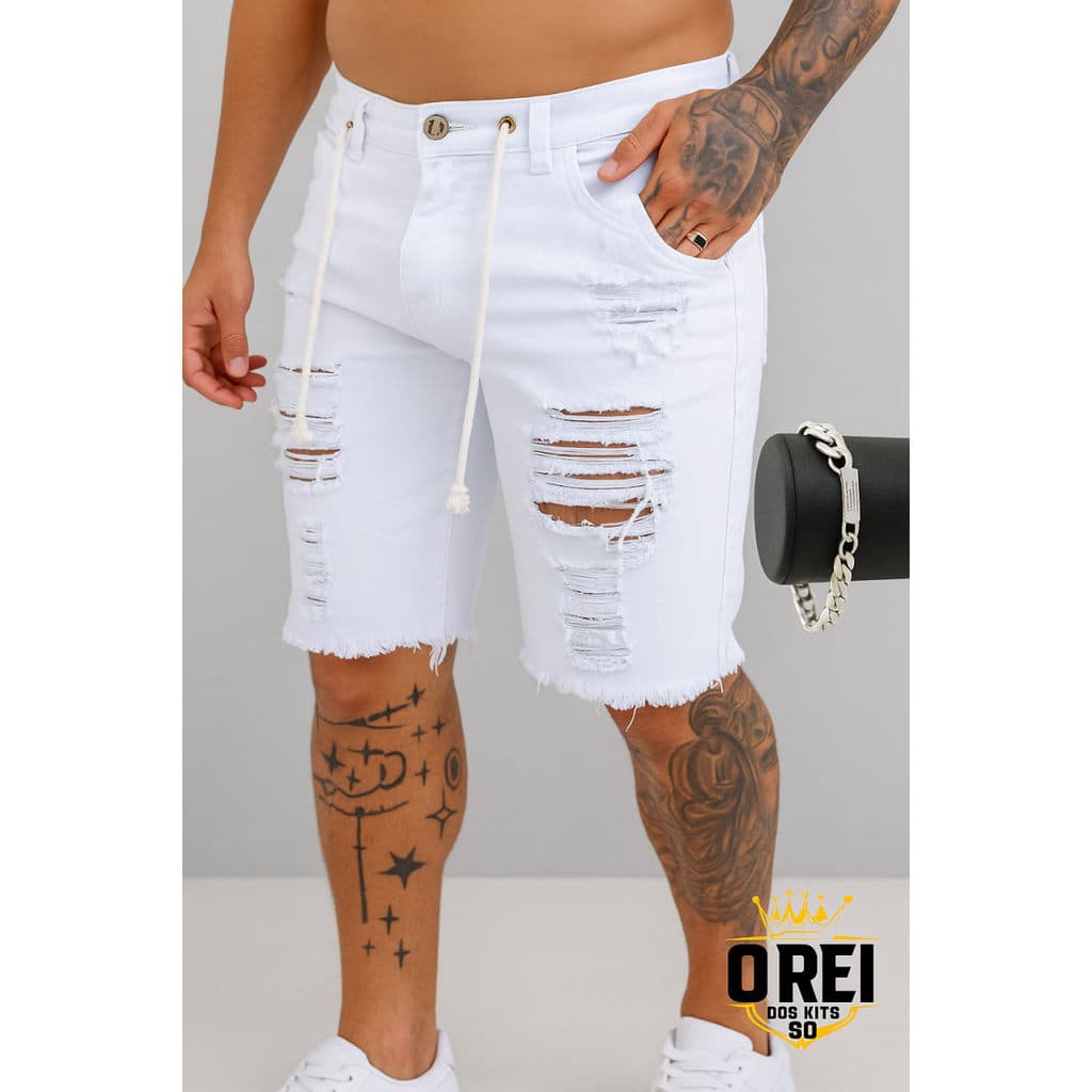 Bermuda Jeans Rasgada Masculina Envio Hoje + Pulseira Banhada a Ouro ou Prata Voce Escolhe a Cor