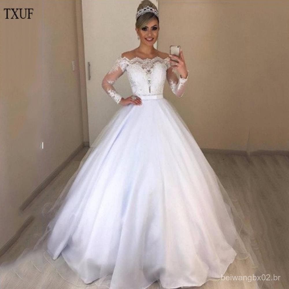 Vestido de Noiva Elegante de Renda com Mangas Longas e Design Ombro a Ombro WL42