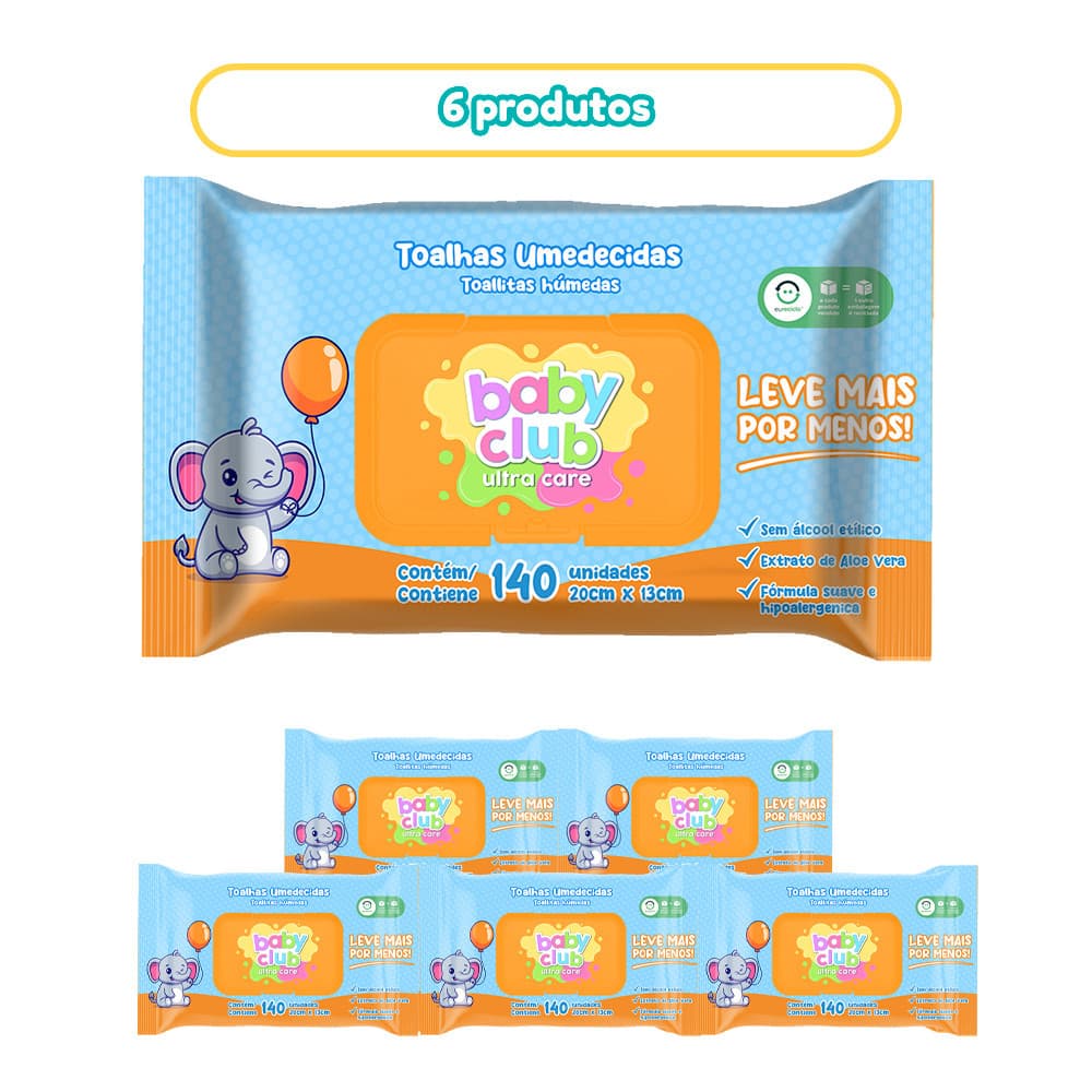 Kit 6 Pacotes Toalha Umedecida Tradicional 140 Folhas Baby Club