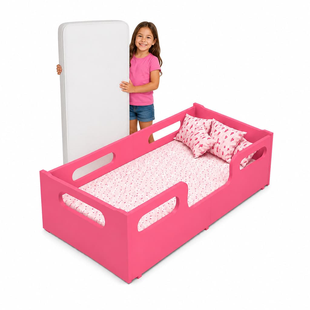 Cama Encanto Rosa + Colchão Montessoriana Infantil Segura Grade Proteção Quarto Da Criança Moderna Resistente Grade