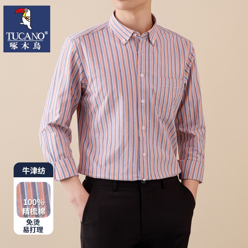 Woodpecker 2025 novo estilo 100% algodão camisa masculina manga longa Oxford girando listras verdes de meia-idade negóci