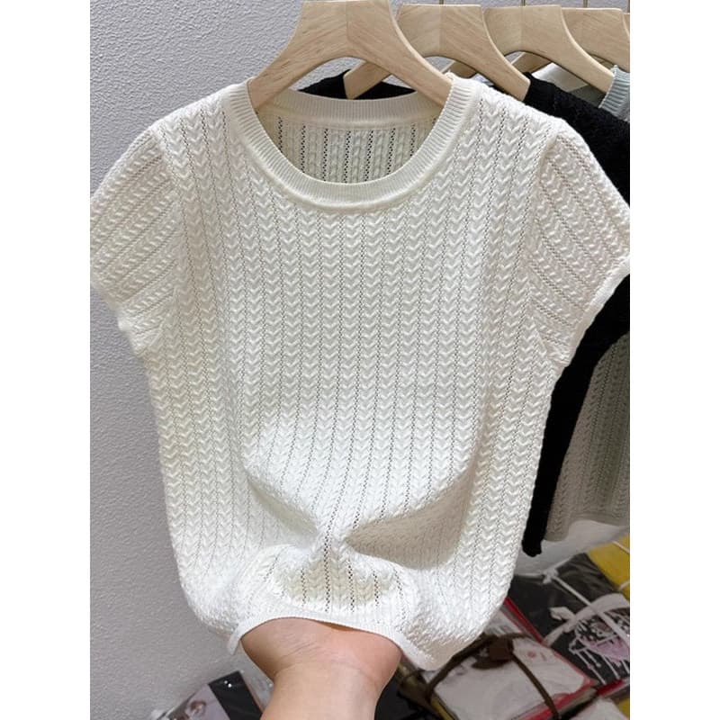 Desgaste exclusivo bonito doce malha ombro de manga curta camiseta feminina primavera verão venda quente chique texturiz