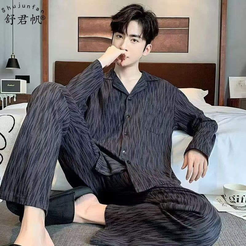 Pijamas masculinos quatro estações primavera outono algodão manga comprida Loungewear estilo fino dia 2026 terno jovem d