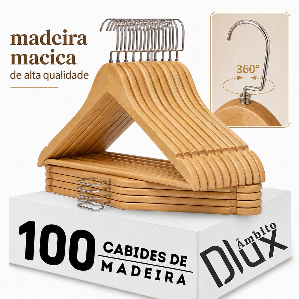 Ambito Dlux Kit 100 Cabides Madeira Maciça 3D Ergonômico 44cm Protege Ombros Gancho Metal 360° Rotação