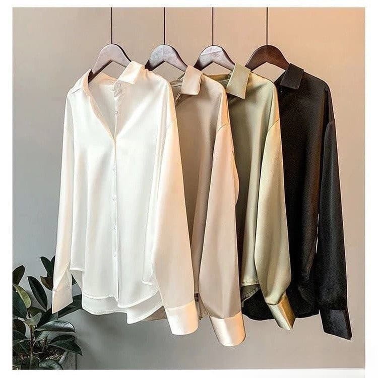 Camisa feminina vintage de cetim, de manga comprida, solta, casual, simples, de cor sólida e versátil ZLWI