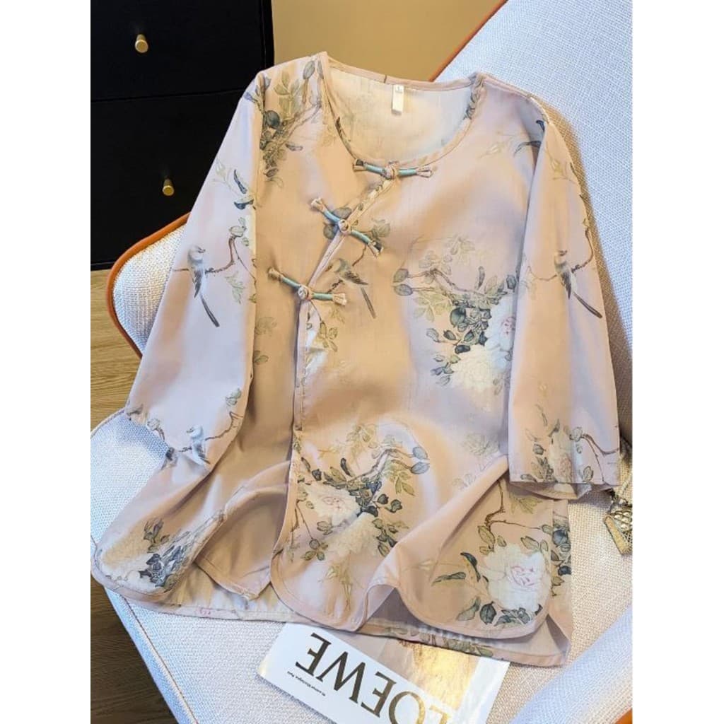 Zimo Qinghe ~ Estilo Chinês Botão Diagonal Impresso Camisa de Linho de Algodão Feminina Manga Três Quartos Zen Tea Suit
