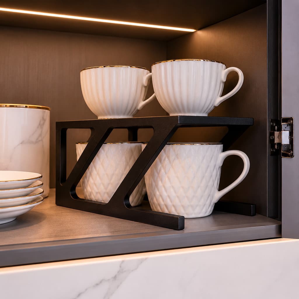 Organizador de Xícaras Premium Preto Branco e Bege | Suporte Multiuso para Bancada e Armário de Cozinha