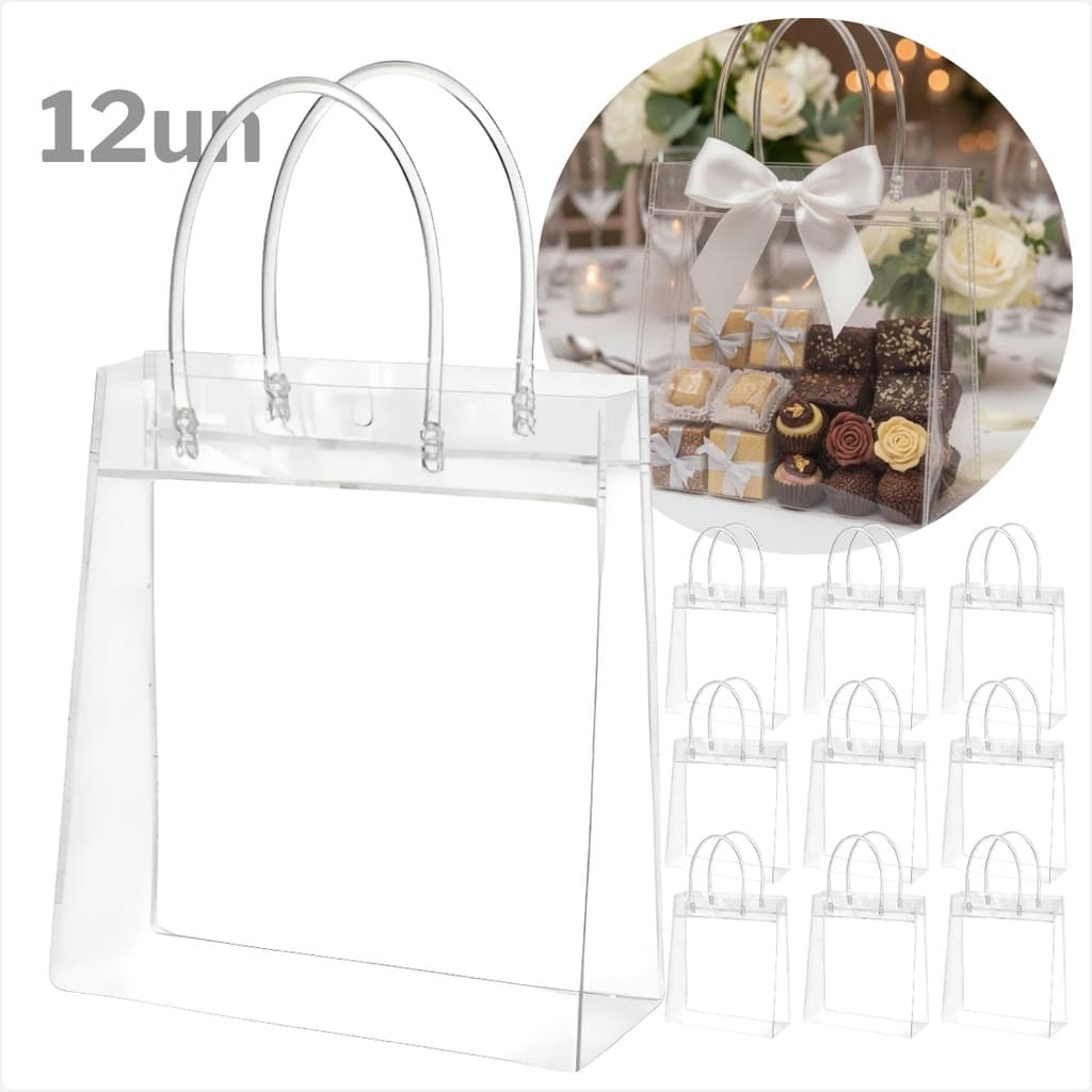 Sacola Bolsa Presente PVC Transparente Cristal Reutilizável Com Alça Tamanhos P M G Kit 6 ou 12