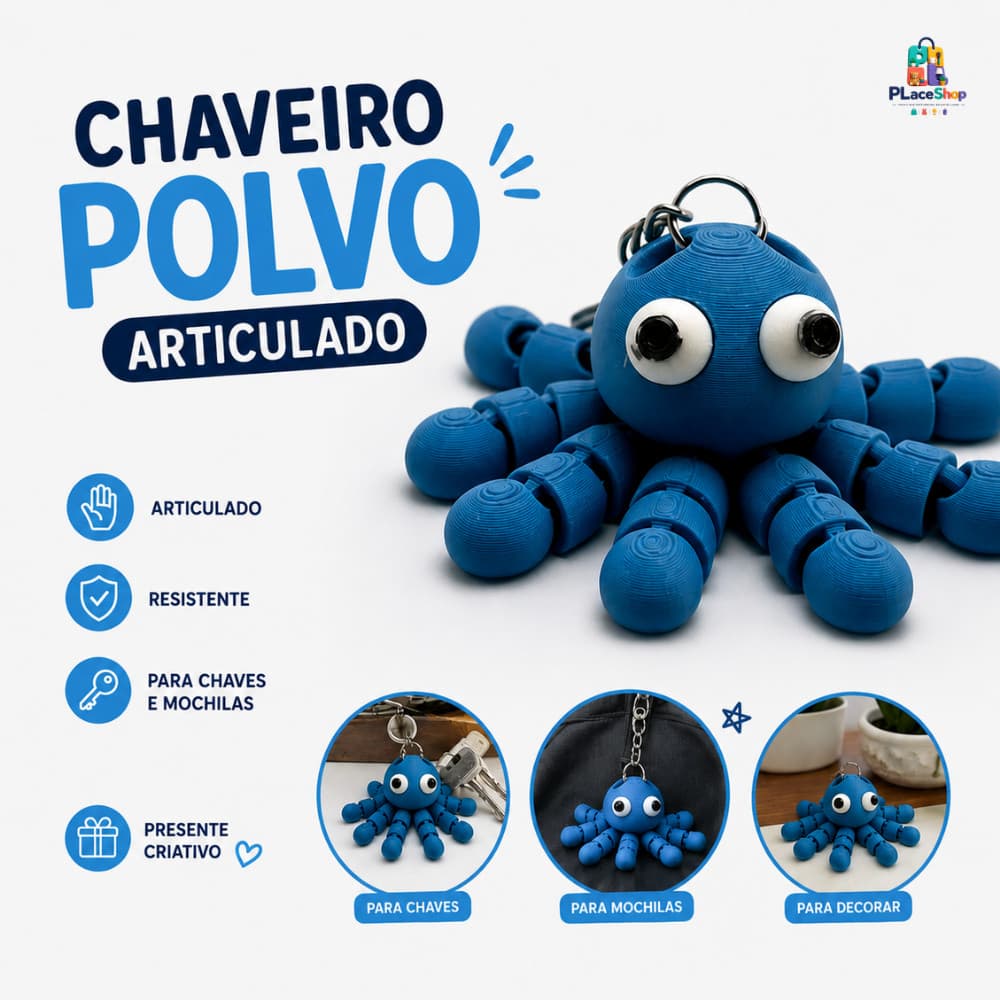 Chaveiro Brinquedo Polvo Articulado 3D Divertido