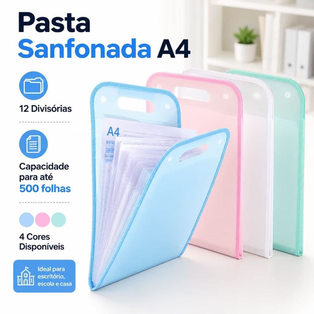Pasta Sanfonada Organizadora A4 com 12 Divisórias Capacidade até 500 Folhas Arquivo Portátil com Alça para Documentos