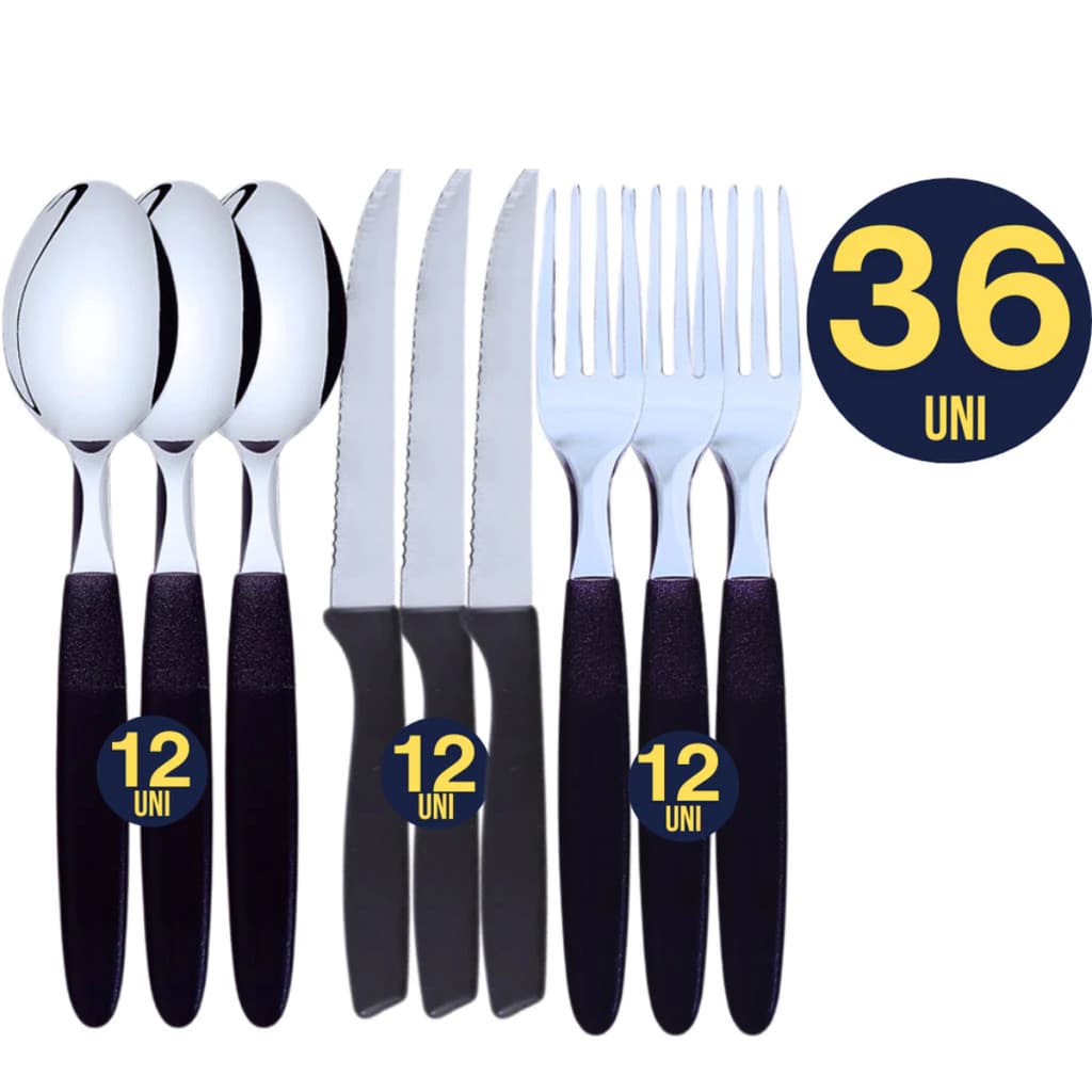 Jogo de Talheres 36 peças Preto Aço Inox 12 Facas 12 Garfos e 12 Colheres de Mesa Casa Para Cozinha