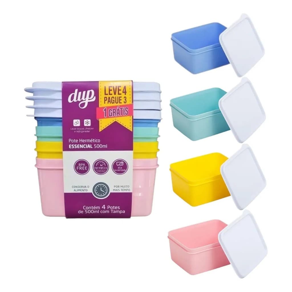 Kit 4 Potes Herméticos 500ml Plástico Marmita Lancheira Micro-ondas Lava-louças Freezer Sem Bpa Congelar Carne Feijão
