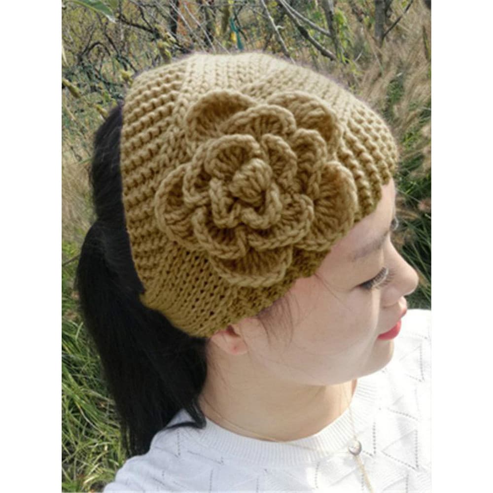 Lã de aba larga flor bandana quente capa de cabelo branco bandana de malha acessórios de cabelo pressionado lavagem de c