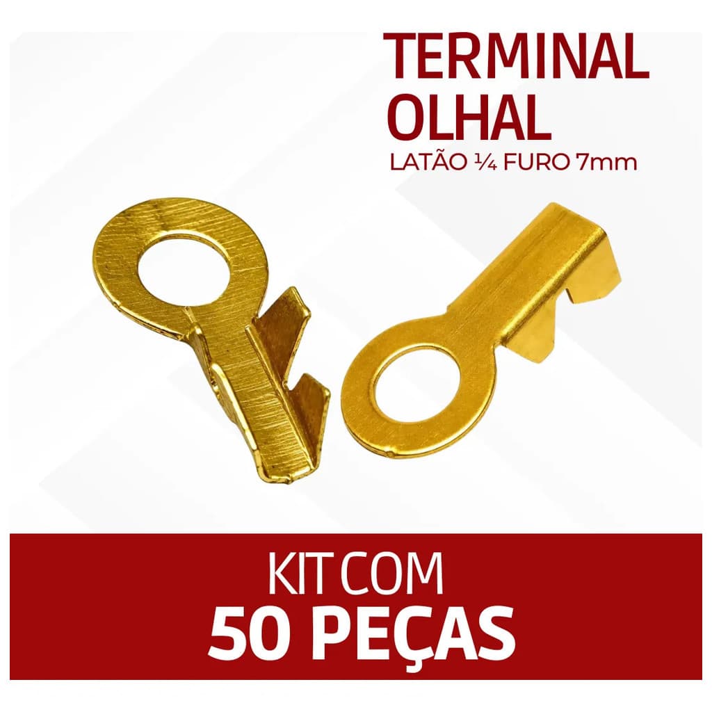 Kit 50 Terminal Olhal Latão 1/4 Automotivo Furo 7mm