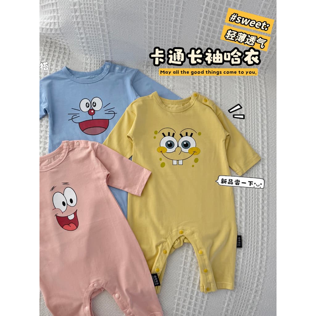 Macacão de bebê dos desenhos animados impresso primavera outono macacão bebê quatro estações fino roupas de manga compri