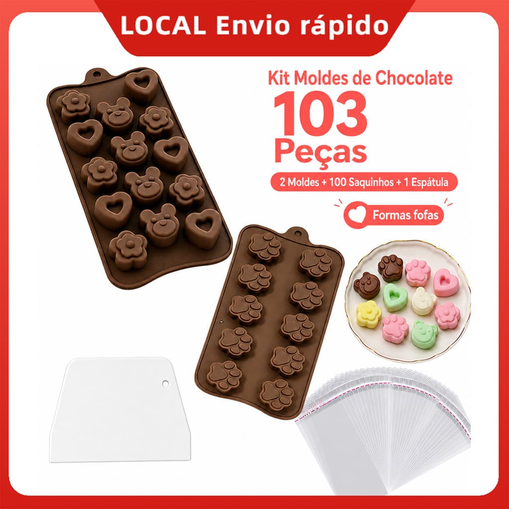Kit Molde de Silicone para Chocolate, Patinha Gato e Multi Formas com Espátula e 100 Sacos 6x24cm DIY
