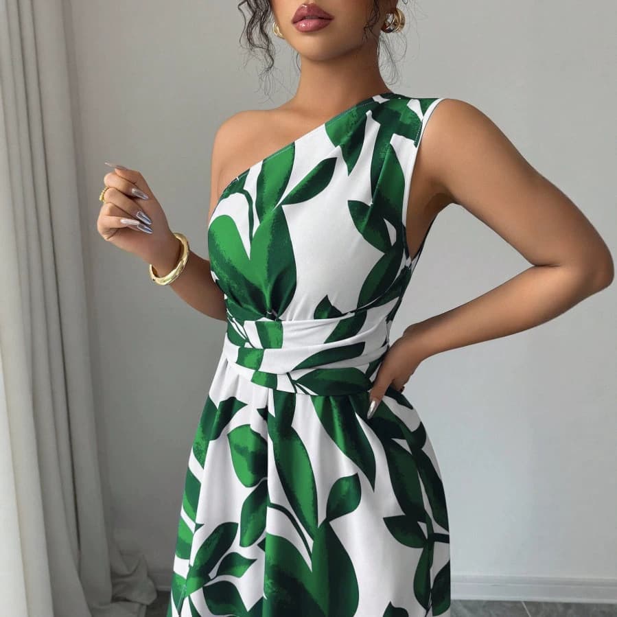 Tropical primavera verão venda quente impresso ombro inclinado fenda senhoras vestido estilo férias elegante vestido lon