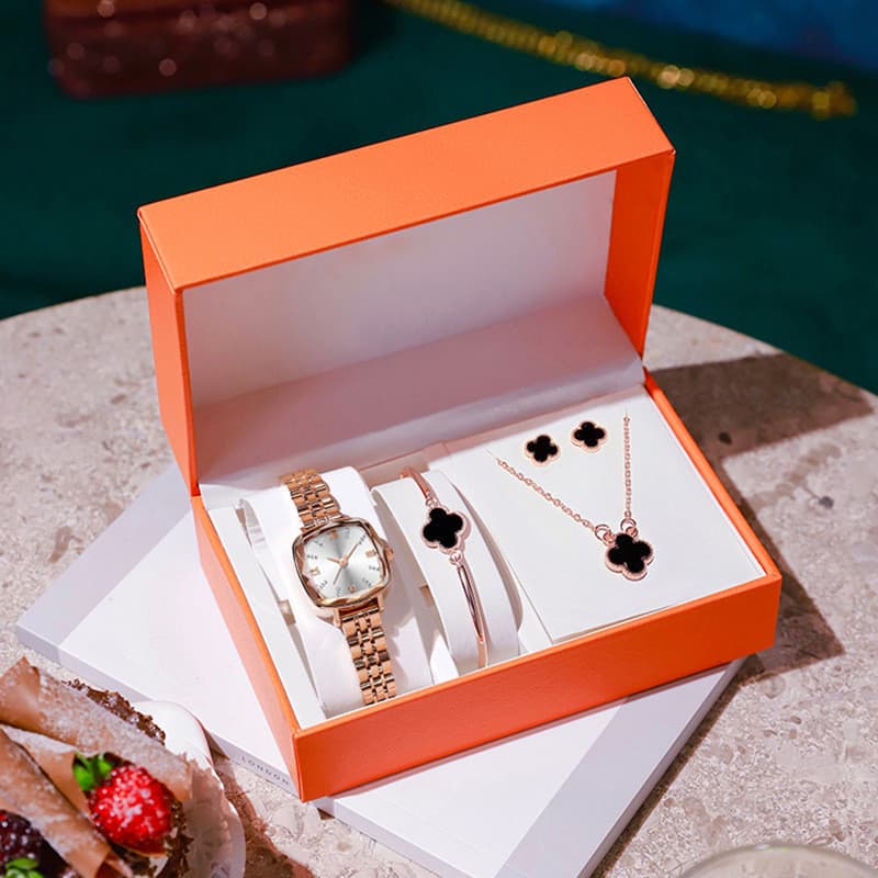 Novas senhoras relógio moda relógio de quartzo pulseira anel brincos colar conjunto relógio feminino
