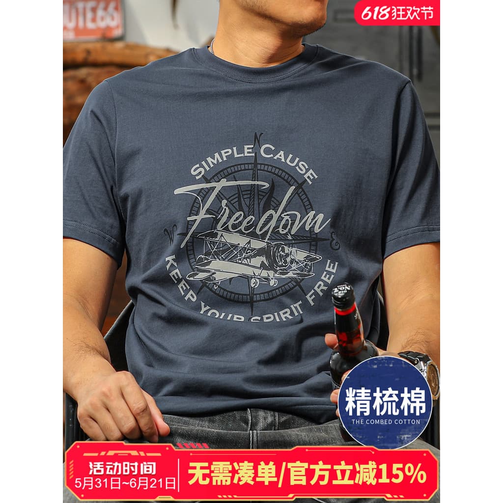 Jiyan Camiseta masculina moderna de manga curta de alta qualidade, gola redonda, algodão puro, retrô, avião, estampada,