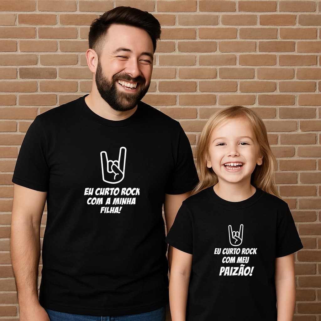 Kit 2 Camisetas Dia dos Pais e Filha Homenagem Estampada Eu Curto Rock Dos Premium Envio Imediato