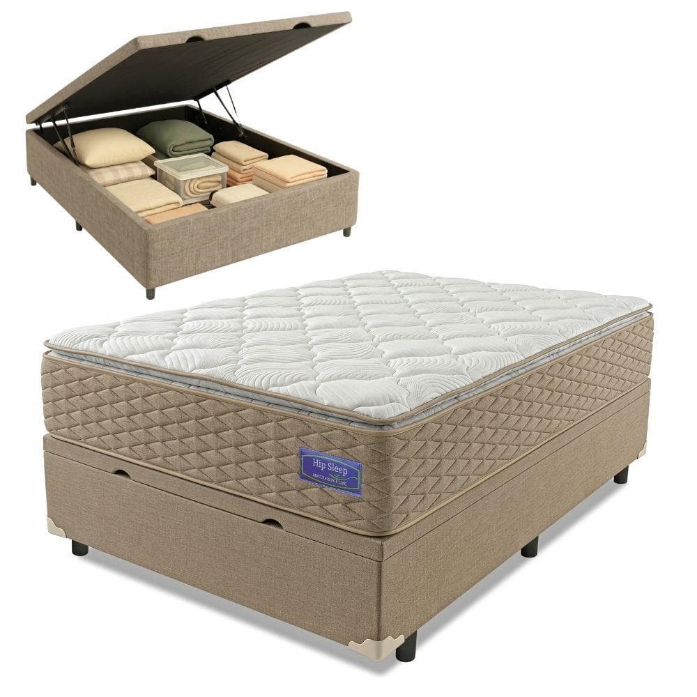 Cama Box Baú Casal Colchão Ortopédico Magnus Molas Superlastic Pillow Top 138x188x79cm Hip Sleep