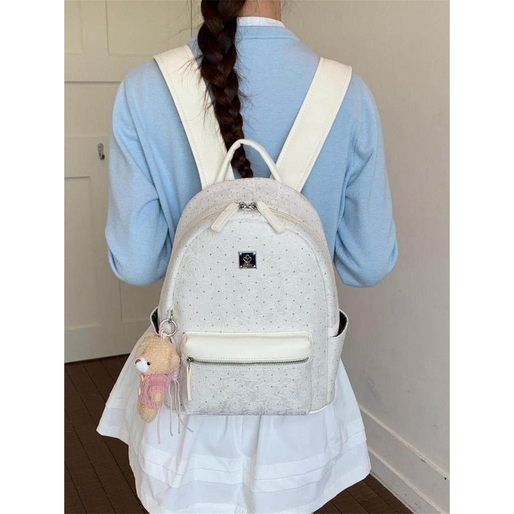 Muzi rua branca mochila feminina diária Commuter Casual mochila grande capacidade leve High-End saco de escola pingente