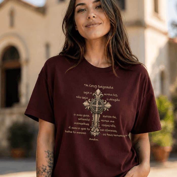 Camiseta Religiosa Oração de São Bento Unissex 100% Algodão Cruz Sagrada de São Bento