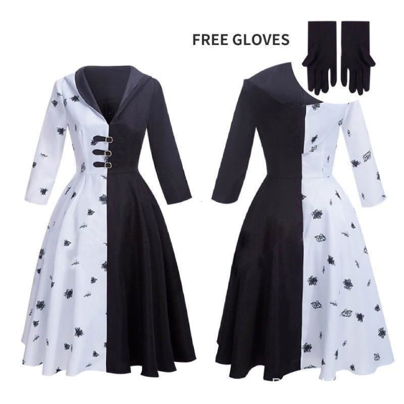 Fantasia de Cruella De Vil 2 Estilos Vestido Preto e Branco com Luvas Saia Perucas Festa de Halloween WES FGYM IJS3 BBRM