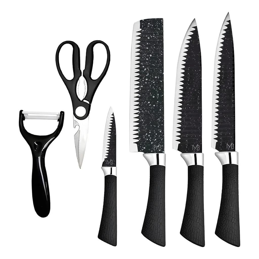 Kit Facas 6 Peças Cozinha Estojo Fino Chef Cutelo Tesoura Preto