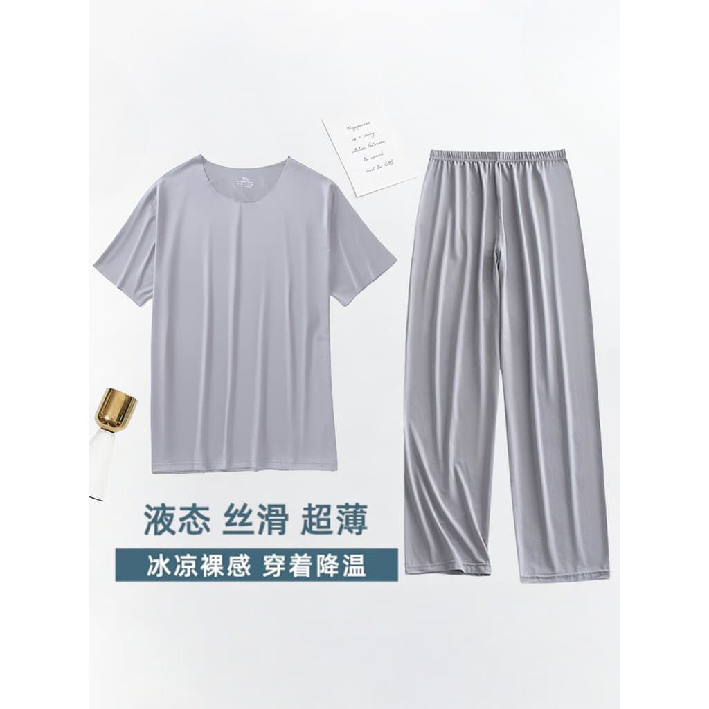 Pijamas legais de seda gelo verão masculino manga curta fina Drape tornozelo comprimento calças casa terno fino solto te