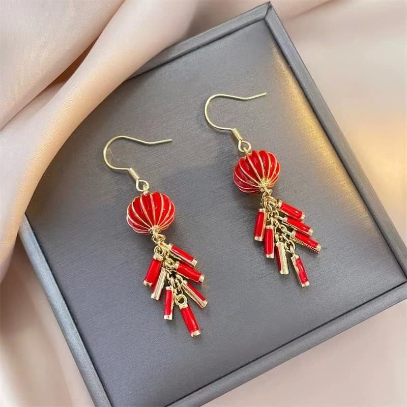 Estilo chinês lanterna fogos de artifício brincos de ano novo 2024 vermelho ano novo brincos festivos Design brincos lon