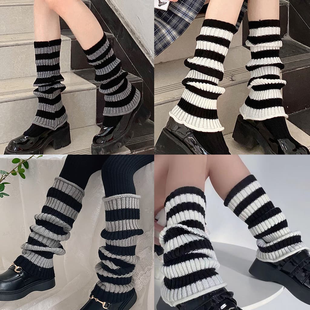 [Envio Rápido] 1 Par Y2K Lolita Malha Pé Capa Preto Branco Listrado Polainas Para Mulheres Meninas 21 Cm