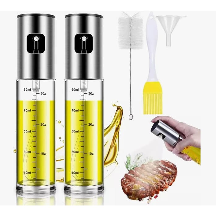 Kit 2 Frascos Spray 100ml para Óleo e Vinagre em Vidro com Aço Inox 304, Funil, Pincel e Escova de Limpeza para Cozinha