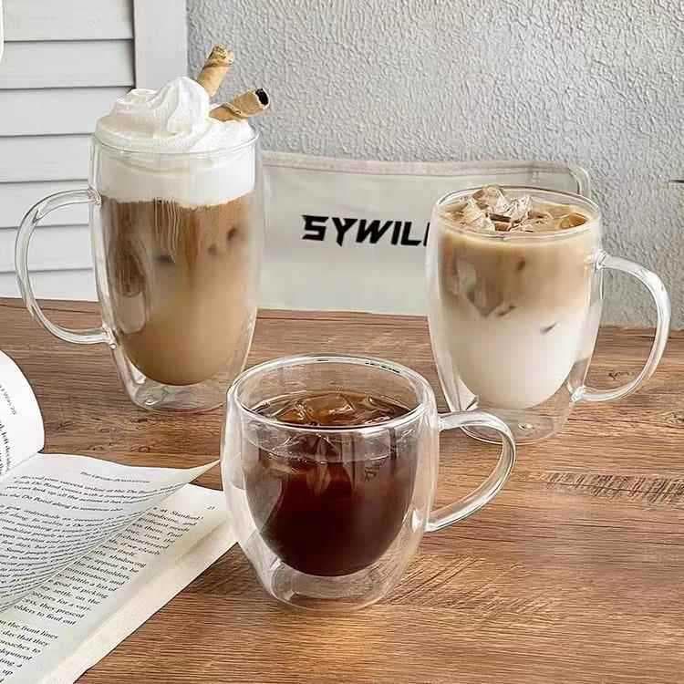 Com alça dupla camada de vidro doméstico alto borosilicato copo beber americano Latte transparente isolado xícara de caf