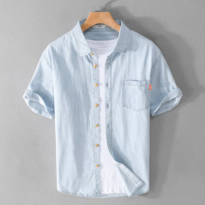 Renben verão Denim camisa de manga curta masculina solta clássico All-Match juventude azul simples camisa masculina na m