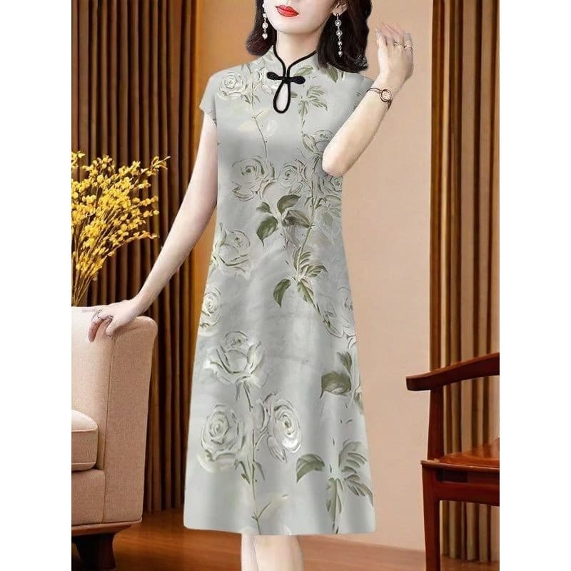 Novo chinês Cheongsam manga curta mãe de meia-idade vestido de seda gelo cobrindo carne estilo chinês impresso meados de