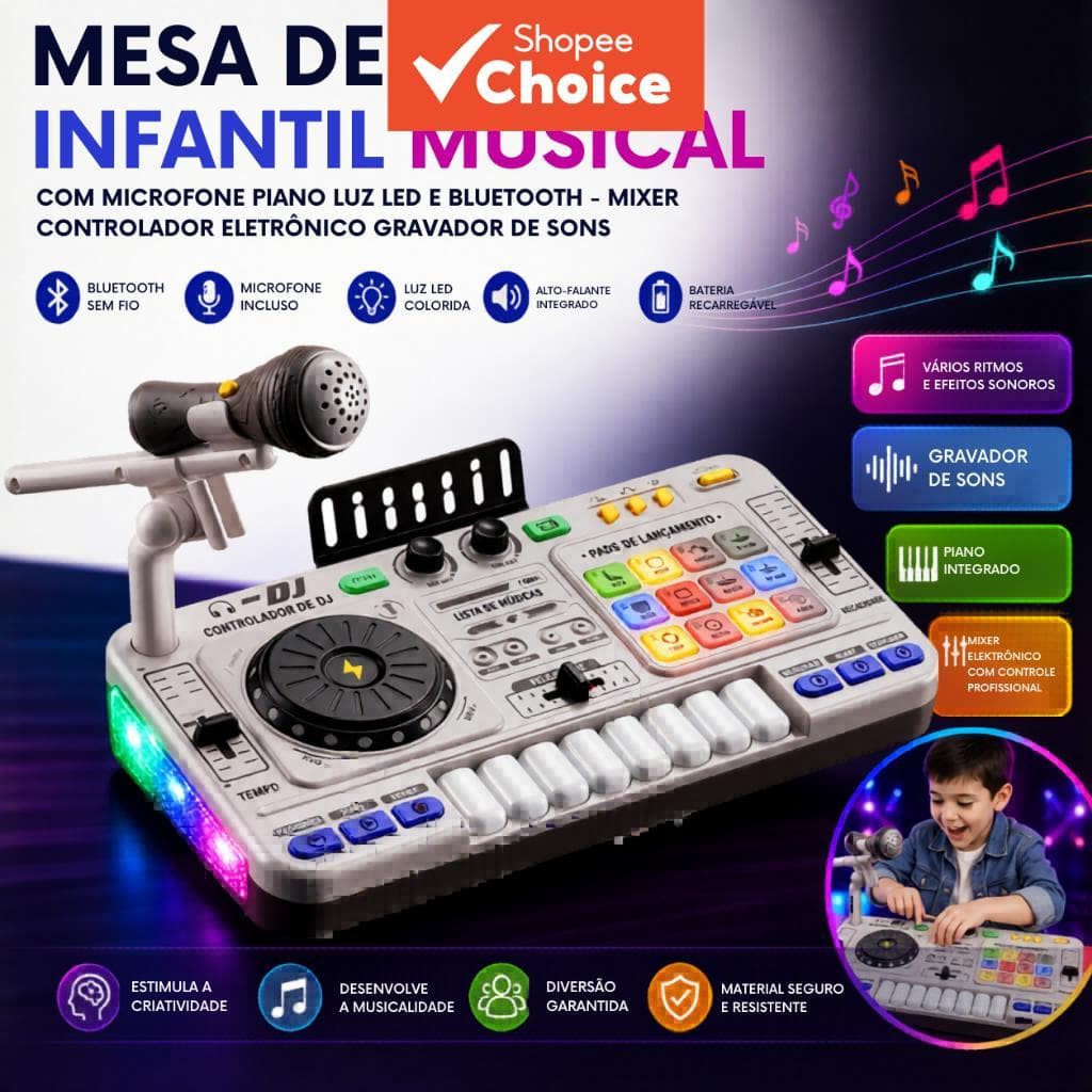 Mesa de som infantil com microfone, teclado eletrônico para piano, toca-discos Bluetooth, controlador de DJ, instrumento