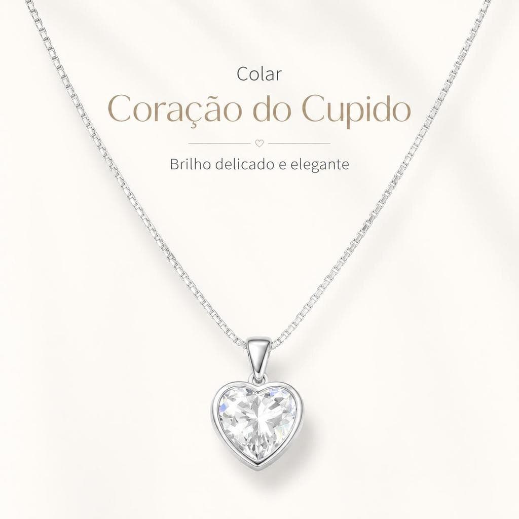 Colar Coração do Cupido Feminino com Pingente de Cristal em Formato de Coração, Corrente Prateada Delicada, Joia Românti