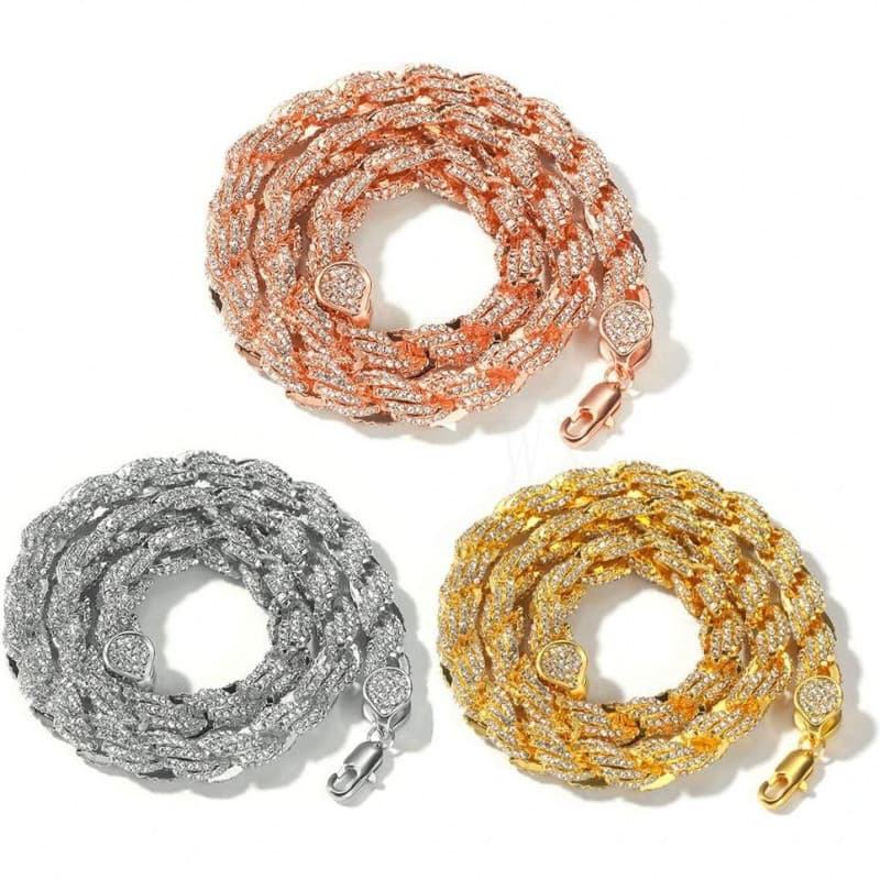 Colar ou Pulseira de Corrente Torcida Cravejada de 9mm, Compatível com Pingentes, Dourado/Prateado/Ouro Rosê, Pulseiras