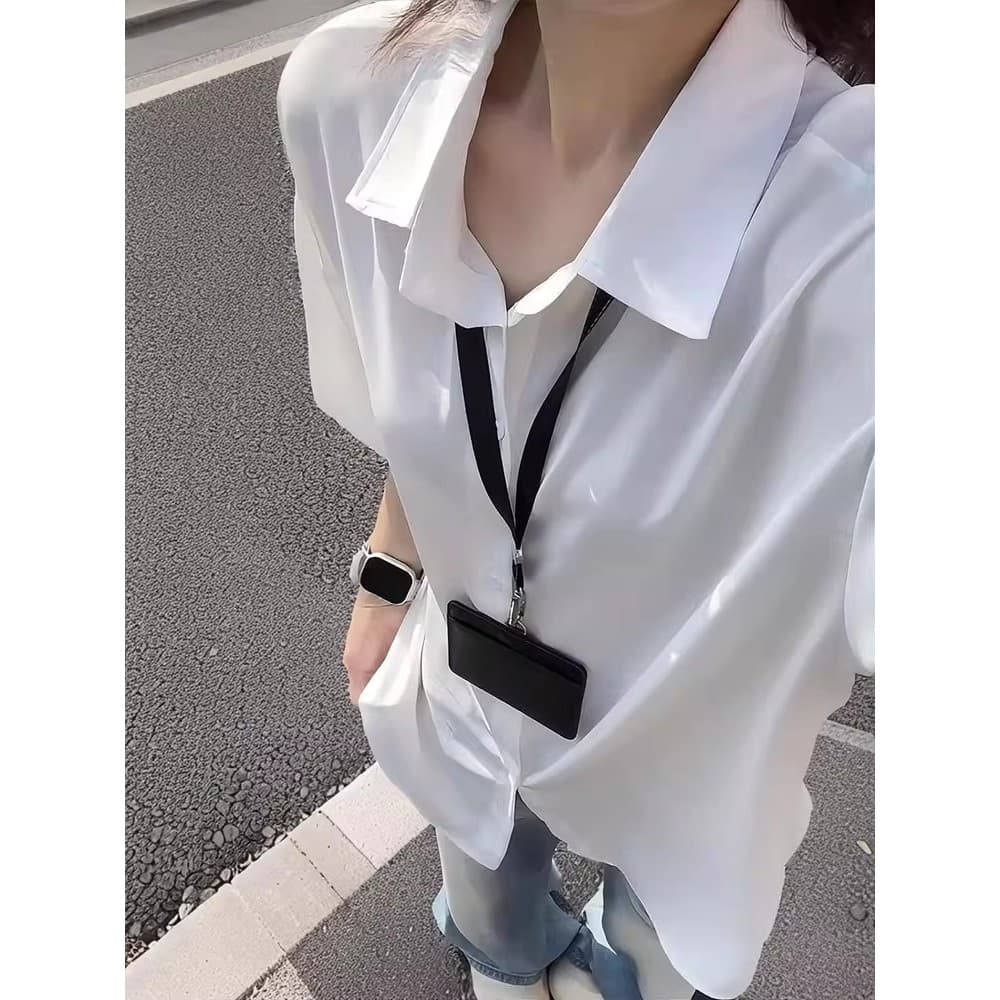 Camisa de manga curta de seda gelo branca feminina verão estilo fino legal secagem rápida cleanfit meia manga camisa pro
