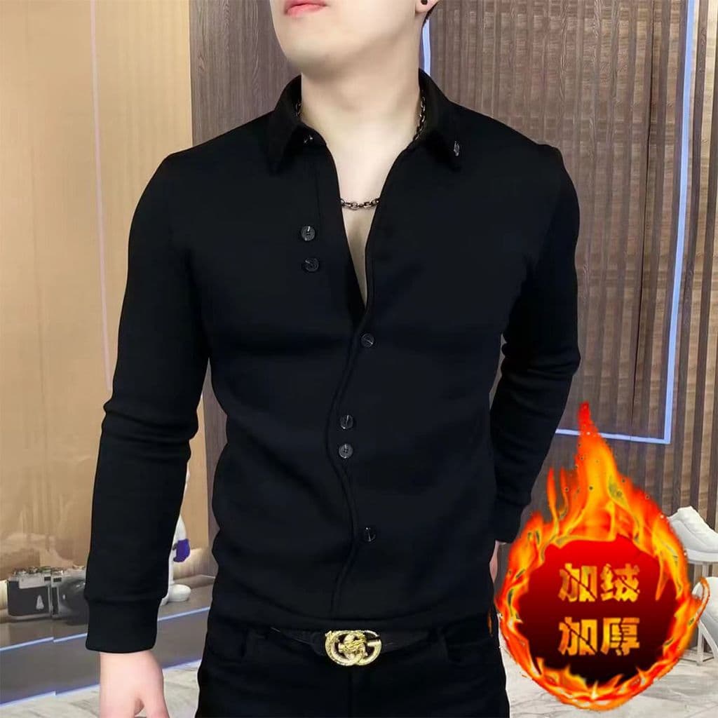 Estação europeia forro de lã quente camisa POLO masculina outono inverno novo estilo rua estilo ocidental camisa gola mo