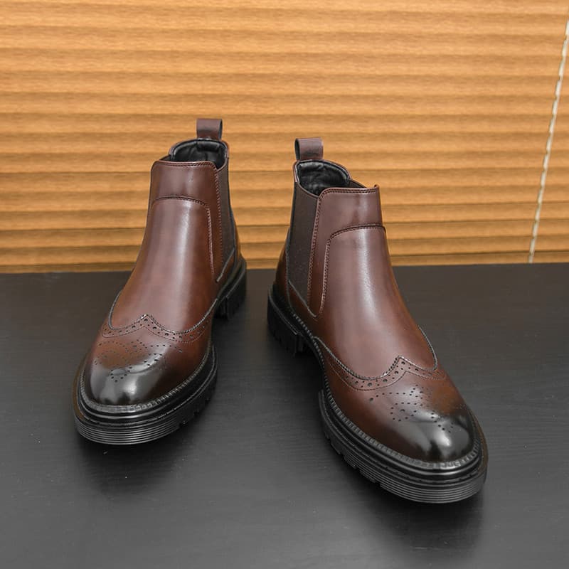 Botas Martin masculinas de couro de cano alto, marrom, aumento interno, botas Chelsea britânicas, botas curtas, cano méd