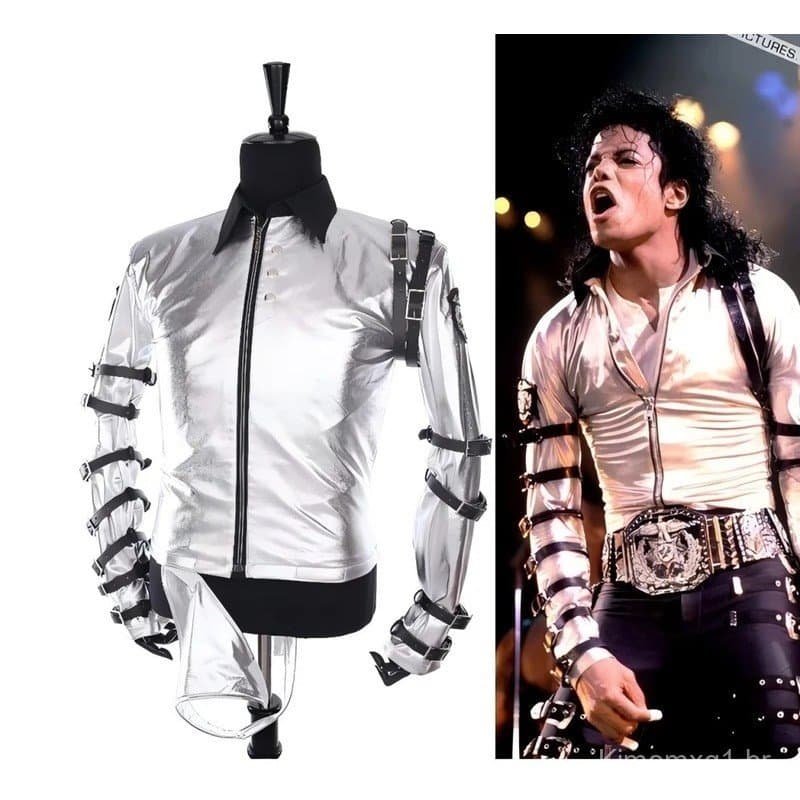 Novidade em Estoque: Macacão Prateado Michael Jackson Bad Era. Macacão e Top de Performance de Palco Estilo Rock Retrô