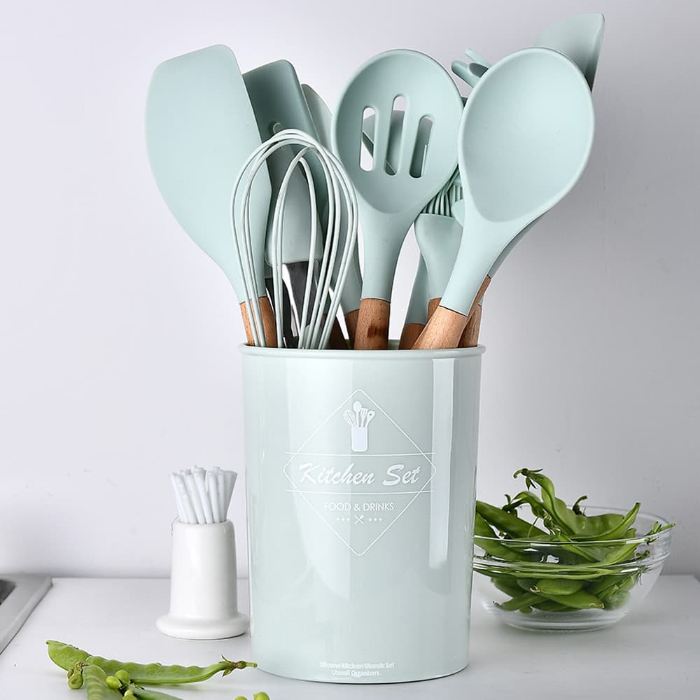 Conjunto de 11 peças Barril de armazenamento de utensílios de cozinha de silicone Cabo de madeira Panela antiaderente de